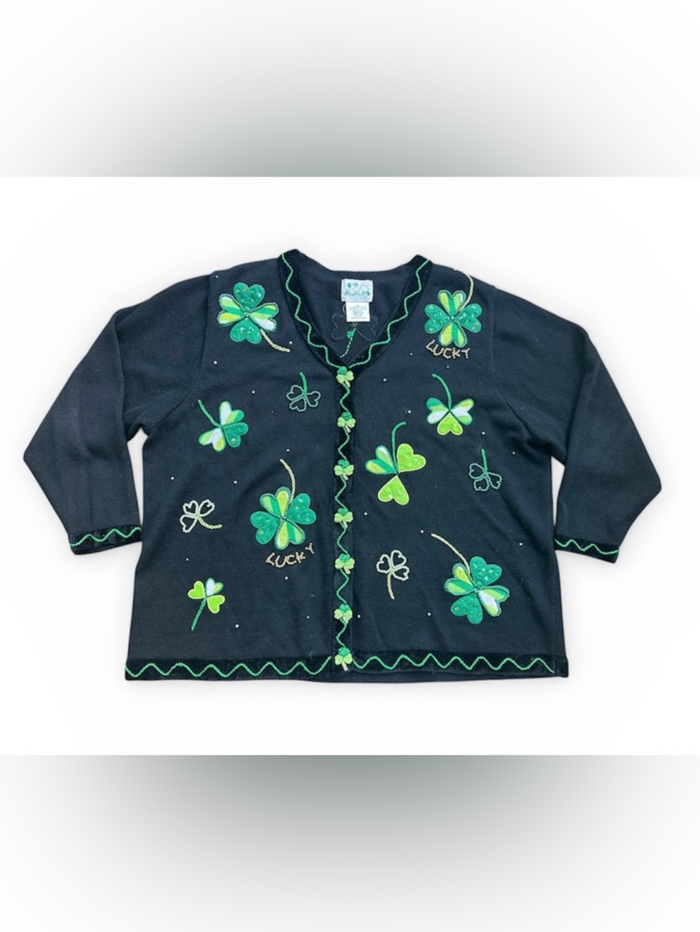Vintage Quacker Factory 2X Black Shamrock Cardigan Sweater St Patrick’s Day Luck